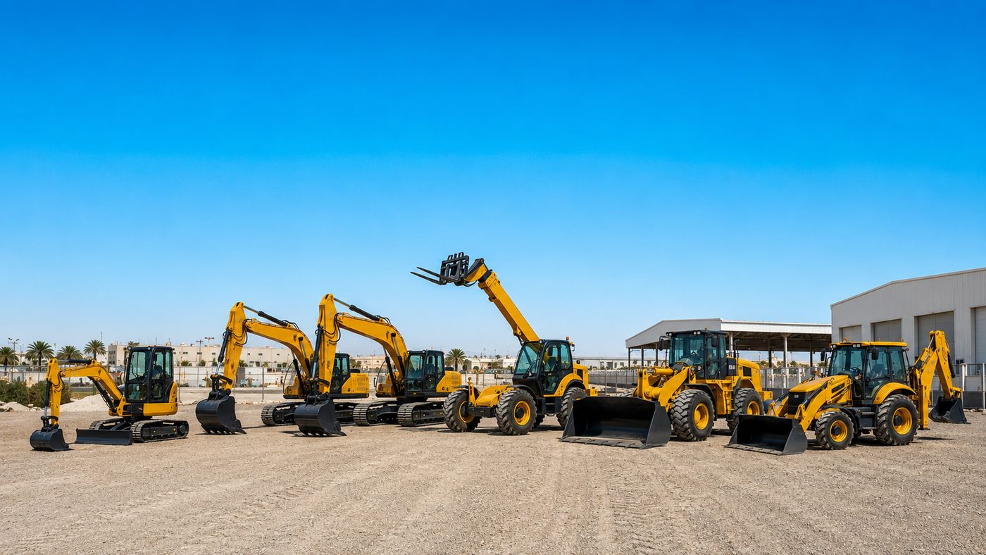AQL Equipment Rental fleet of excavators, loaders and telehandlers in the yard