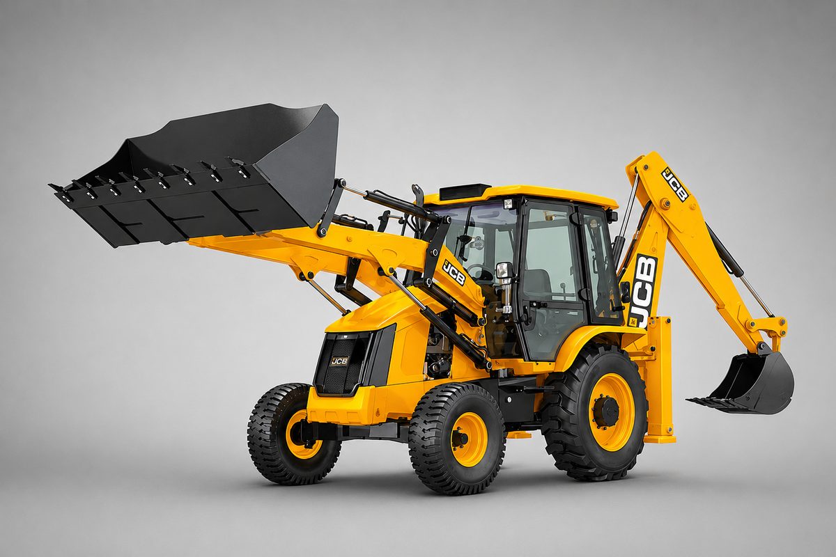 JCB 3CX backhoe loader with front bucket and rear digging arm — JCB rental in the UAE