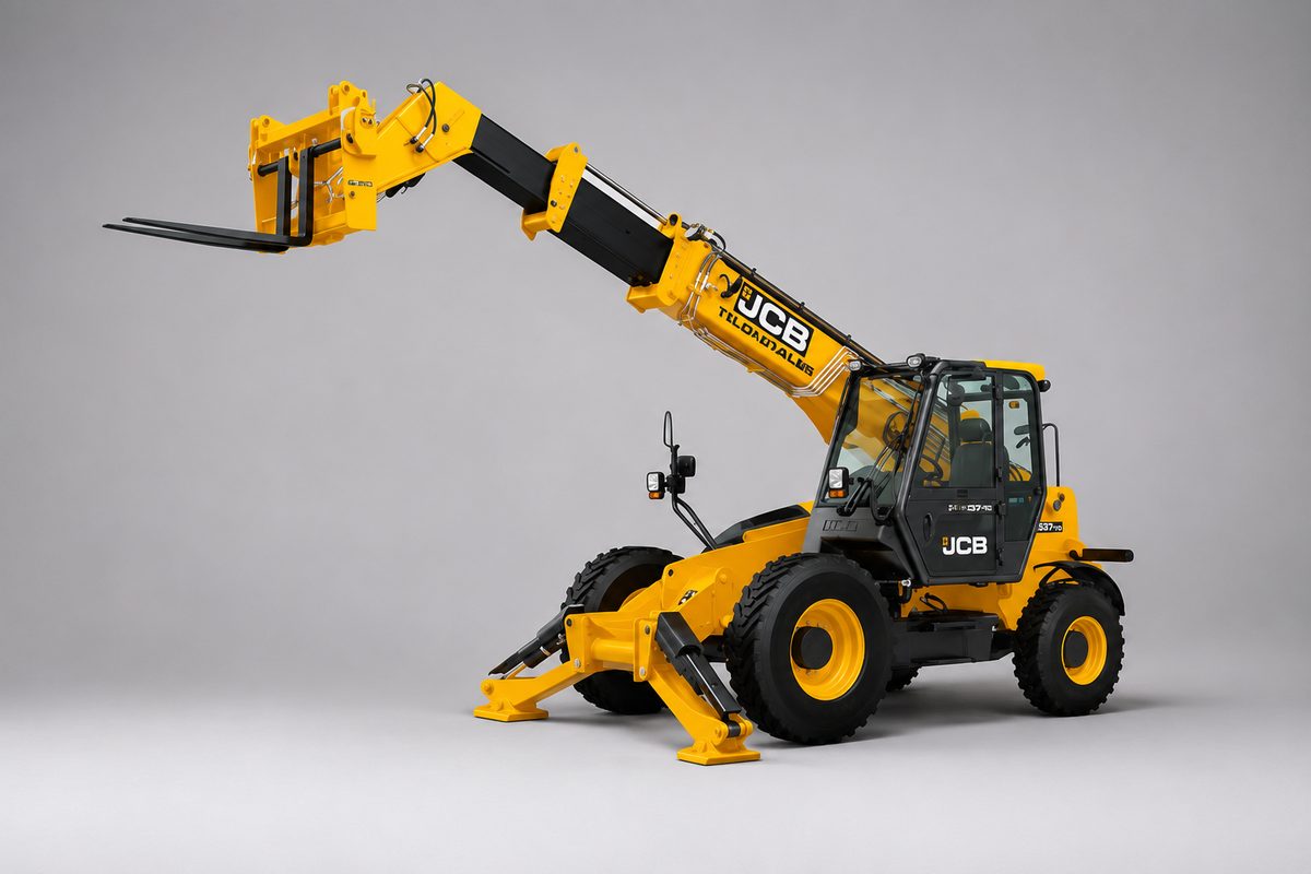 Telehandler with extended telescopic boom and pallet forks — Telehandler rental in the UAE