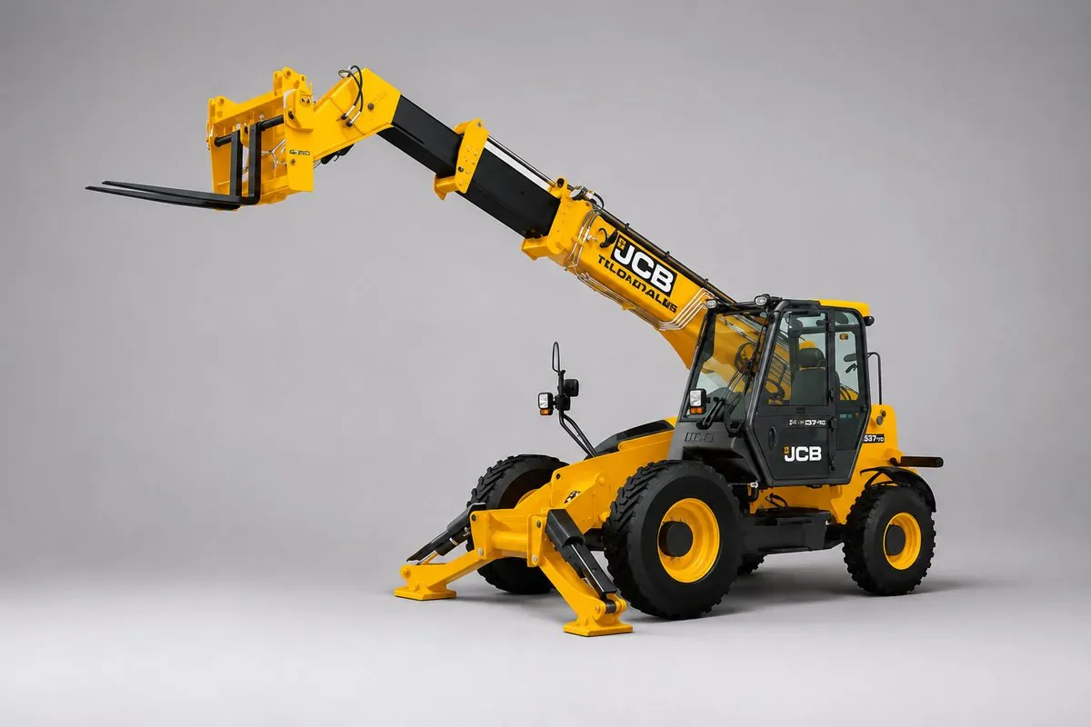 Telehandler with extended telescopic boom and pallet forks — Telehandler rental in the UAE