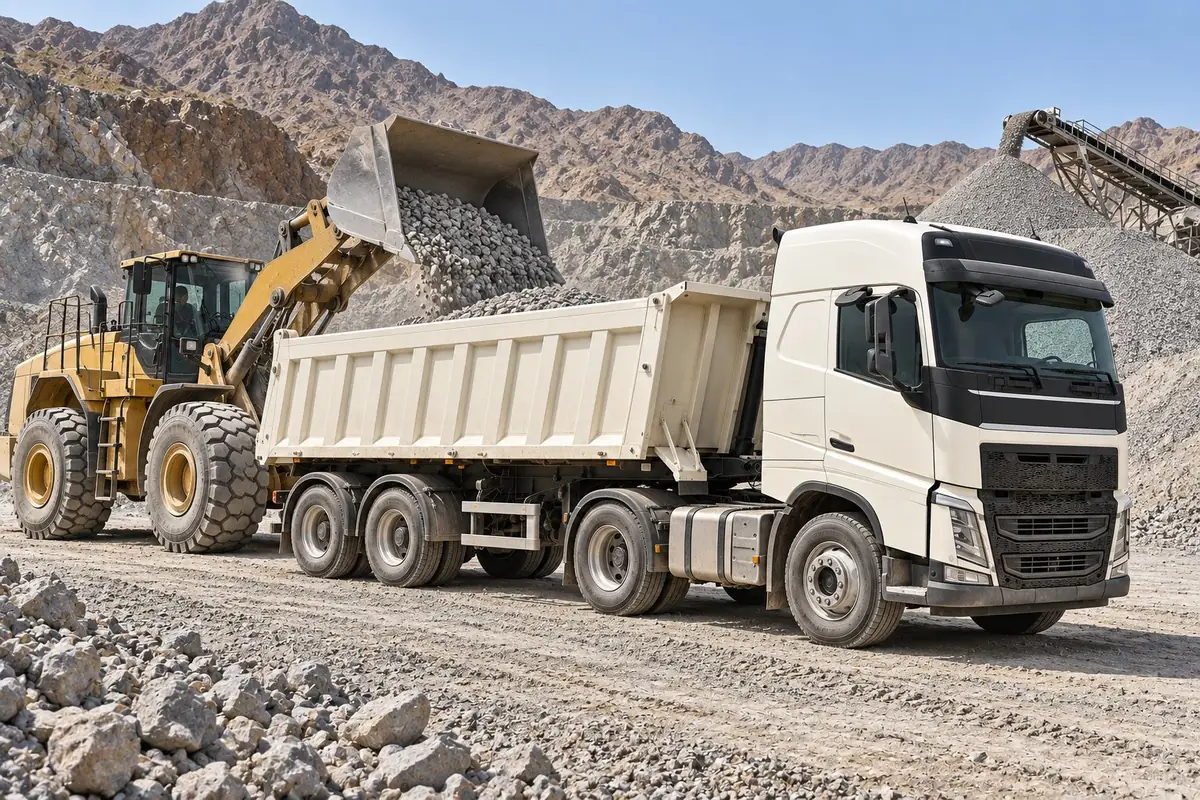Illustration of an off-white tipper being loaded with crushed stone by a wheel loader at a mountain quarry