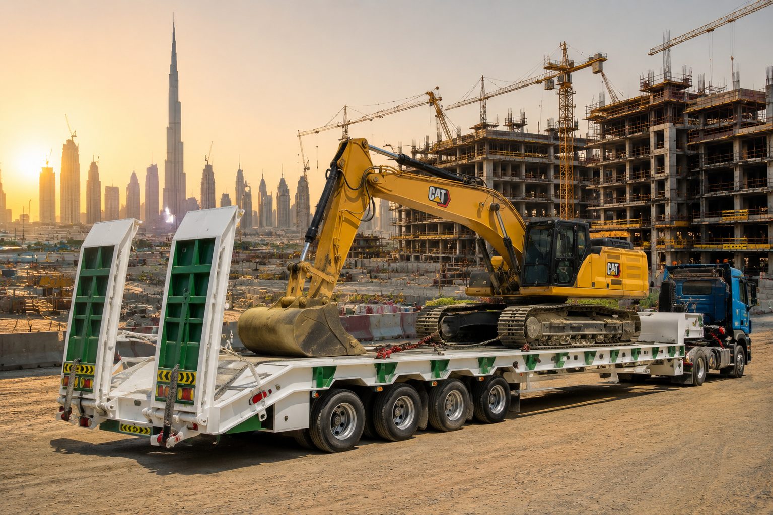 Excavator and crane working on a permitted construction site in Dubai, UAE