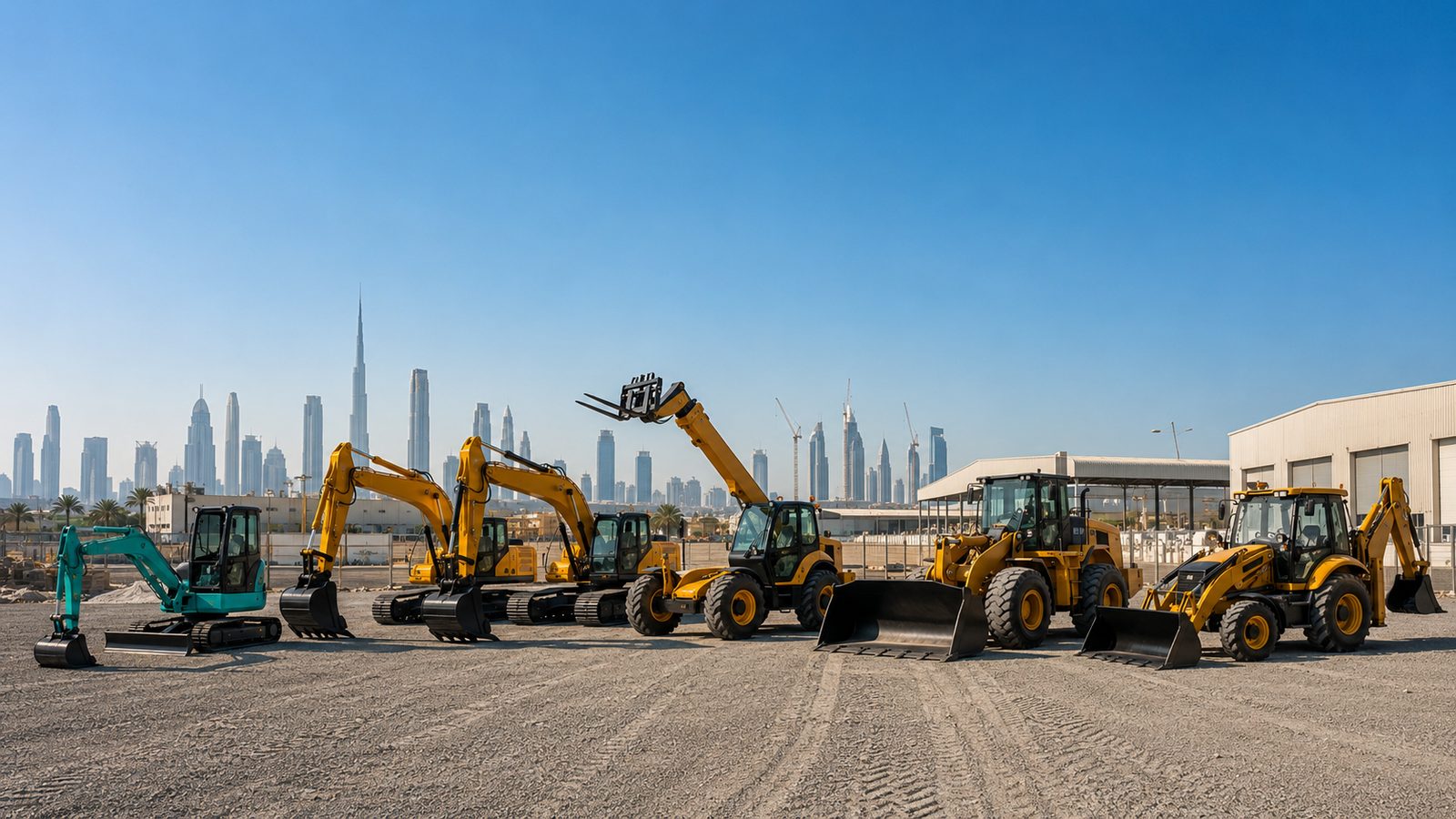 AQL Equipment Rental fleet lined up with the Dubai skyline behind — Heavy equipment rental in the UAE