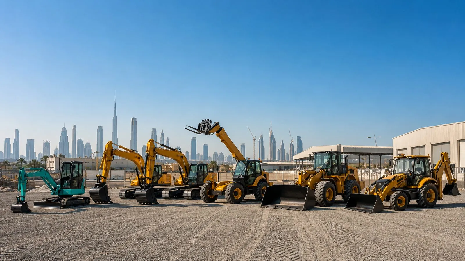 AQL Equipment Rental fleet lined up with the Dubai skyline behind — Heavy equipment rental in the UAE